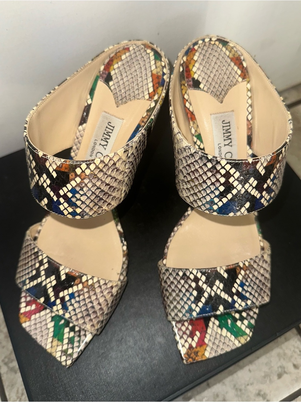 Jimmy Choo Multicolor Snakeskin-Print Slide Heels